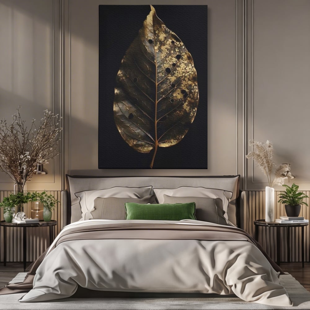 Tablou canvas cu tablou canvas cu frunza uscata, fara rama, pe sasiu de lemn, pe perete intr-un dormitor